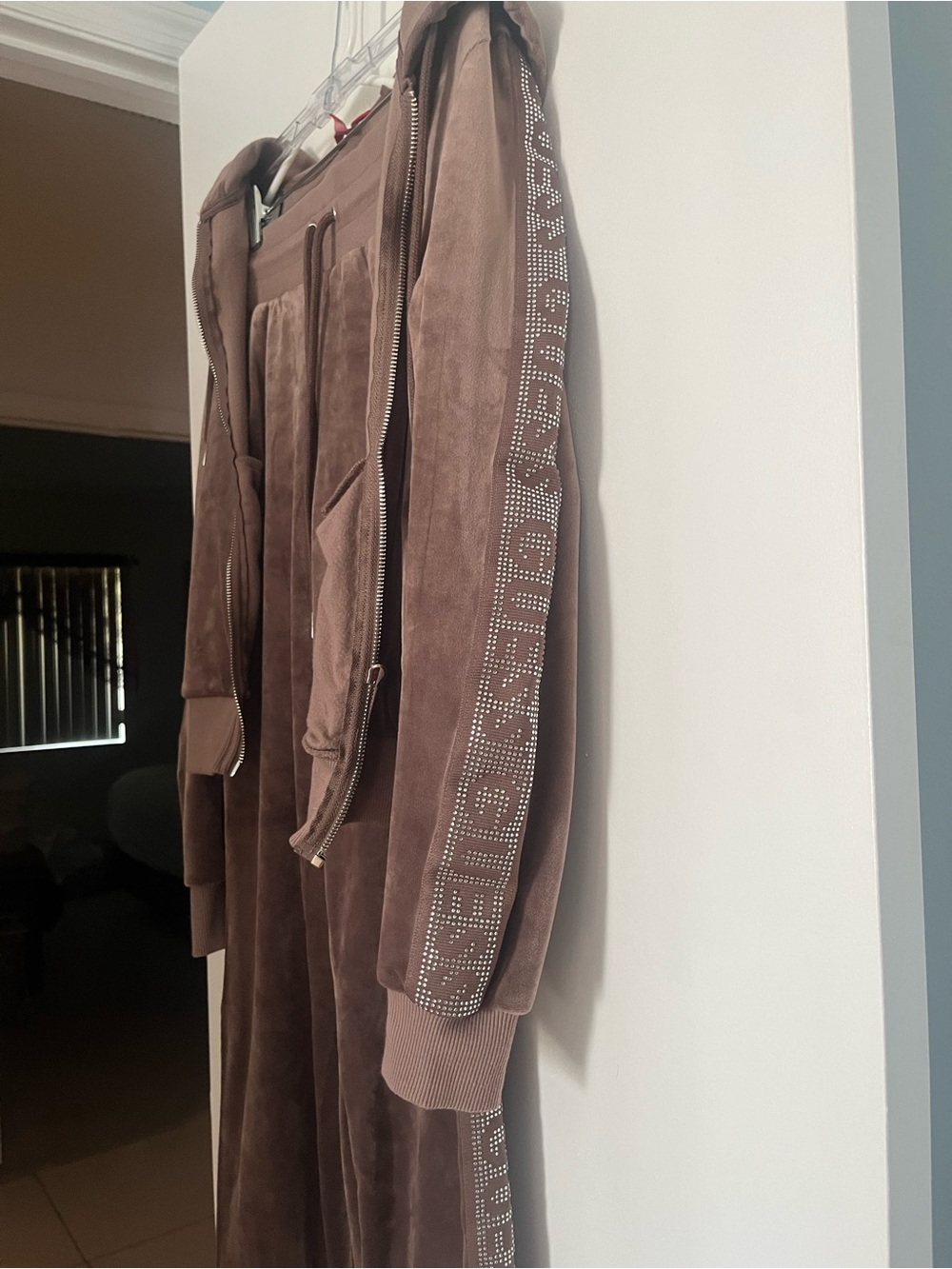 Guess Brown Velour Track Joggers with Studded Logo Trim